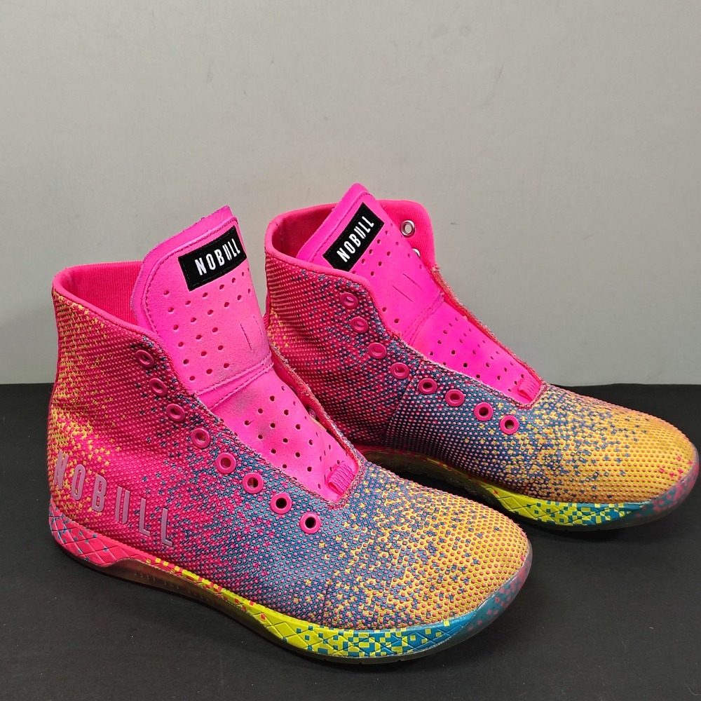 NOBULL Women High-Top Trainer Size 8 Pink Yellow Blue SuperFabric CrossFit Shoe